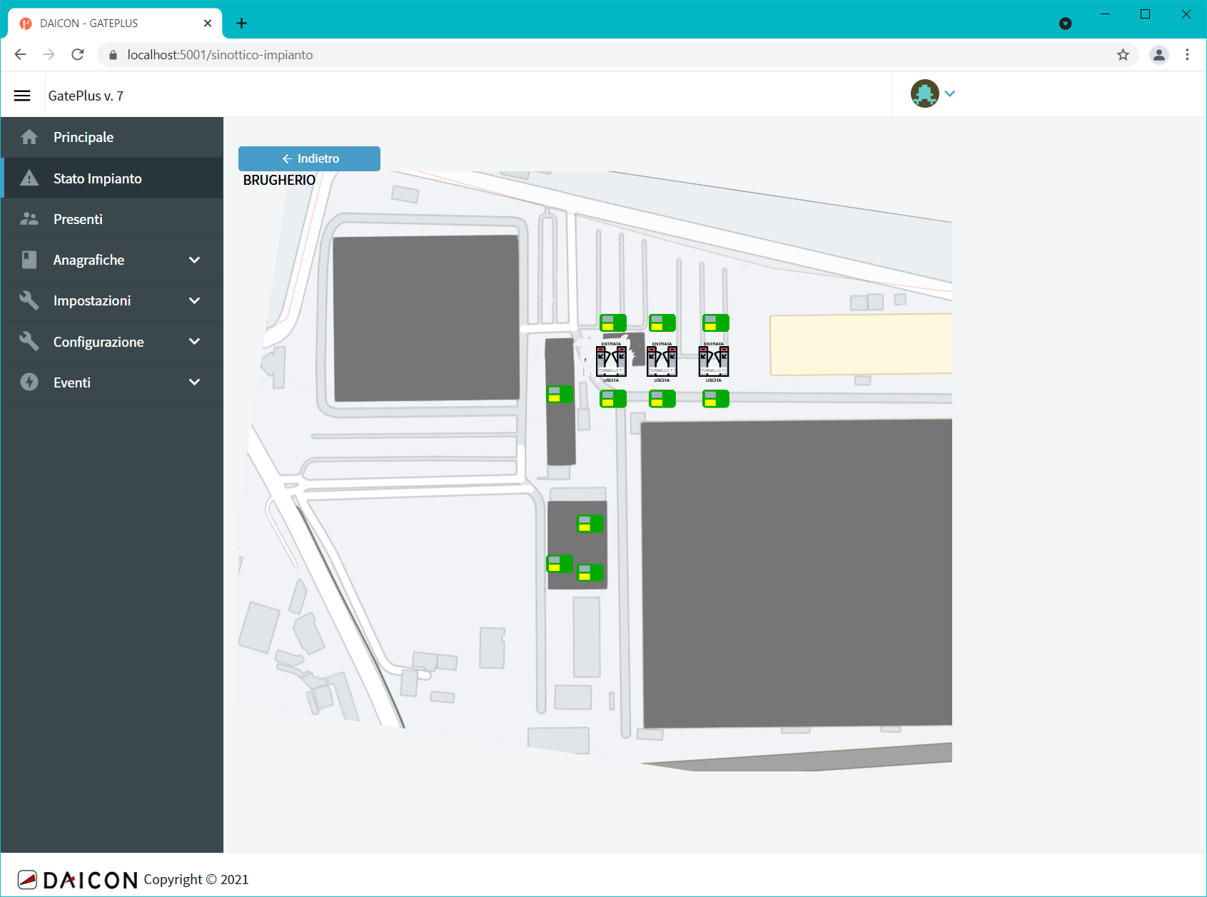 Gate Plus – mappa di sito con stato dei tornelli
